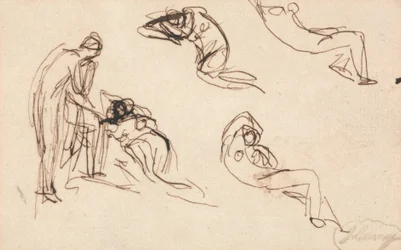 Stehende Figur und vier liegende Figuren