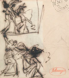 Stehende Figur mit erhobenem Arm und sitzende Figur