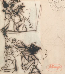 Stehende Figur mit erhobenem Arm und sitzende Figur