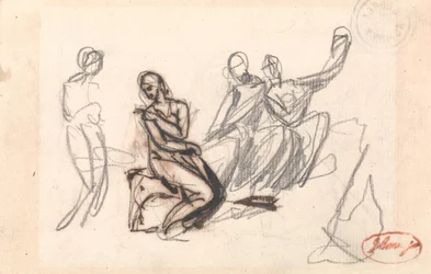 Drei sitzende Figuren und eine stehende Figur