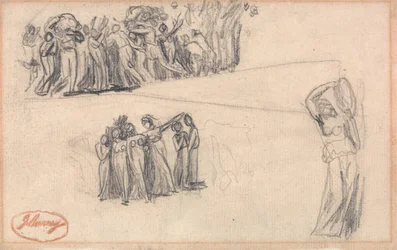 Zwei Skizzen von Frauen und Kindern auf der Flucht und stehende weibliche Figur, die Tamburin spielt, wie für Lady Anne Leveson in "Tanzende Gower-Kinder"