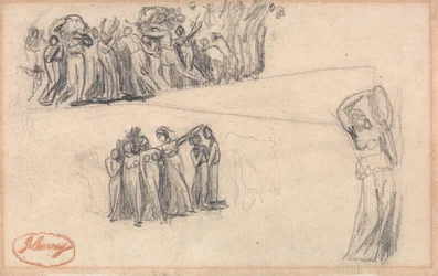 Zwei Skizzen von Frauen und Kindern auf der Flucht und stehende weibliche Figur, die Tamburin spielt, wie für Lady Anne Leveson in "Tanzende Gower-Kinder"