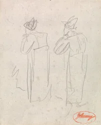 Zwei stehende Figuren mit hohen Hüten