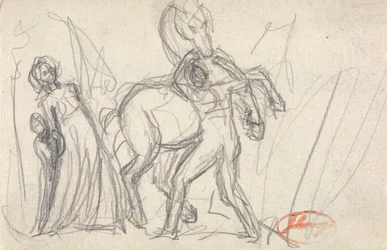 Unidentifiziertes Motiv: Frau, Kind, Mann und Pferd