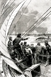 Auf See Richtung Pol: Die Besatzung eines Schiffes (Segelboot) sieht eine Gruppe von Walen. Illustration des Romans von Jules Verne (1828-1905) „Der Eissphinx“