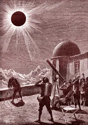 Entdecker in der afrikanischen Wüste betrachten die Sonnenfinsternis. 1888 (Stich)