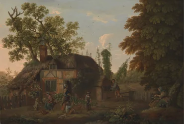Hopfenpflücker vor einem Cottage