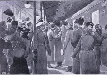 Der Zar verabschiedet sich von Offizieren der Kaiserlichen Garde, Illustration aus Cassells Geschichte des Russisch-Japanischen Krieges Band 1, ca. 1900