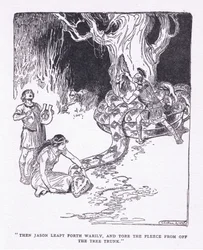 Dann sprang Jason müde hervor und riss das Vlies vom Baumstamm, aus Die Helden, veröffentlicht von George Allen und Unwin 1929