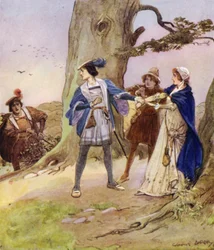 Valentin, der gehört hatte, dass seine Räuber eine Dame gefangen genommen hatten, kam, um sie zu trösten und zu befreien