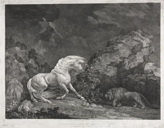 Ein von einem Löwen erschrecktes Pferd