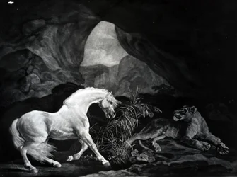 Ein Pferd erschreckt durch eine Löwin, graviert von Benjamin Green, 1774