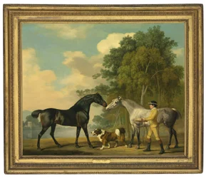 Zwei Jäger mit einem jungen Stallburschen und einem Hund an einem See, 1778