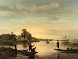 Ein Blick auf die Broads mit Männern, die von Booten aus angeln