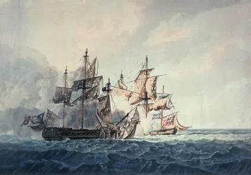 Die Aktion zwischen Seiner Majestät Sloop, Bonne Citoyenne, und der französischen Fregatte, La Furieuse, am 6. Juli 1809, westlich der Inseln, graviert von R und D Havell, veröffentlicht von Robert Cribb im Jahr 1810