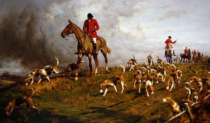 Jäger und Hunde auf dem Weg zur Jagd