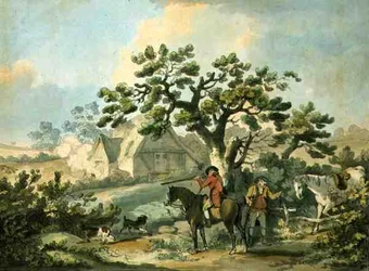 Rebhuhnjagd, radiert von Thomas Rowlandson, veröffentlicht von J. Harris, 1789 (farbige Radierung)