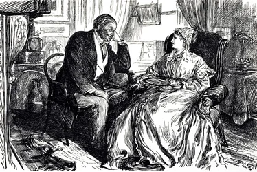 Georges du Maurier Karikatur, die ein Gespräch zwischen einem Mann und einer Frau über die beruhigenden Vorteile von Lebertran illustriert. England 1869