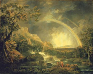 Weitläufige bewaldete Flusslandschaft mit Anglern neben einem Teich unterhalb eines Wasserfalls und einem Regenbogen