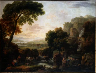 Italienische Landschaft mit einer Capriccio-Ansicht von Tivoli, einem Hirten und einer Hirtin und Vieh