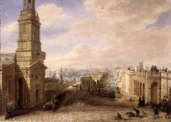 Alte London Bridge mit dem Bau der neuen Brücke daneben