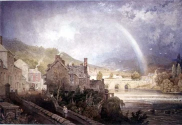 Dorf und Brücke von Llangollen, Nordwales, mit Regenbogeneffekt