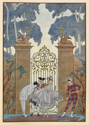 Colombine. Menschen stehen vor einem Tor. Ein Pierrot.