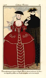 Kostüme für einen Maskenball nach Longhi. Frau in einem mit Weiß besetzten Damastkleid, einem Umhang aus schwarzem Taft und Spitze. Handkolorierte Pochoirarbeit