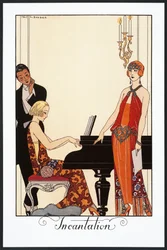 Beschwörung, Pianist und Frau in Abendkleidern, Illustration aus Falbalas et Fanfreluches, Almanach von 1923