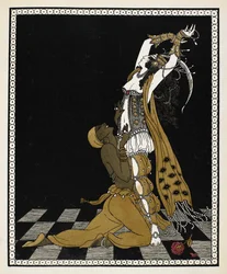 Nijinsky als der Goldene Sklave in Sheherazade, einer symphonischen Suite von Nikolai Rimsky-Korsakov, 1888. Er kniet vor Sheherazade, beide in arabischen Kostümen.