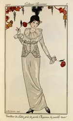 Tailleur de Satin gris de perle. Chapeau de paille noir. Costumes Parisiens Nr. 8