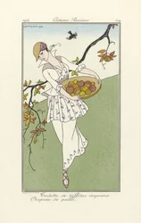 Toilette aus bedrucktem Taft, Strohhut, aus Costume Parisiens, veröffentlicht 1914