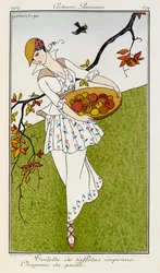 Seidenkleid mit Strohhut. Pariser Kostüme Nr. 179. Eine Frau trägt ein bedrucktes Seidenkleid und einen Strohhut. Sie trägt eine Schale mit Obst.