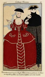 Verkleidung nach Loghi: Mit Weiß besetztes Damastkleid, über das eine Bahn aus schwarzem Taft und Spitze gelegt wird. Costumes Parisiens Nr. 46. Frau in einem roten Kleid des 19. Jahrhunderts mit cremefarbener Spitze, einem schwarzen Hut und einer weißen