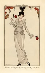 Frau im perlgrauen Anzug und schwarzem Strohhut. Tailleur de satin gris de perle, chapeau de paille noir. Handkolorierte Pochoir-Radierung nach einer Illustration von George Barbier aus Tommaso Antonginis Journal des Dames et des Modes, Aux Bureaux du Jour