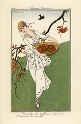 Frau mit Strohhut und Kleid aus bedrucktem Taft