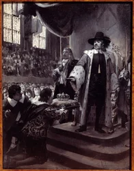 Oliver Cromwell (1599-1658) lehnt die Krone ab. Der Lordprotektor der Republik Großbritannien wurde 1658 von der Humble Petition and Advice (Neues Parlament) die Krone angeboten. Grisaille auf Holz von Georges Antoine Rochegrosse (1859-1938) 19. Jahrhunder