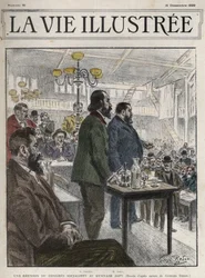 Allgemeiner Kongress der sozialistischen Organisationen, abgehalten in Paris im Dezember 1899, im Gymnasium Japy - Jean Jaurès (1859-1914) und Eugene Fournier (1857-1914) Zeichnung von Georges Redon - la vie illustrée von 1899