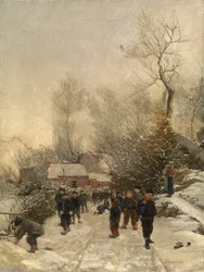Dorf mit Kindern im Schnee