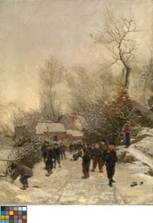 Dorf mit Kindern im Schnee