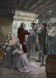 Französische Revolution: 21. Juni 1791 Die königliche Familie (Ludwig XVI. König von Frankreich, Königin Marie Antoinette und ihre beiden Kinder Madame Elisabeth, die Schwester des Königs, und die Gouvernante der Kinder) wurde in der Herberge von Varennes 