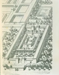 Radierung, die eine perspektivische Ansicht eines Gebäudes in Tell el-Amarna darstellt, von Georges Perrot und Charles Chipiez