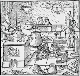 Gravur aus De re metallica (Über die Natur der Metalle), von Georg Pawer oder Georgius Agricola (1494-1555), veröffentlicht in Basel