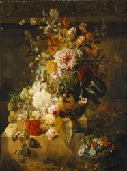 Rosen, Winden, Nelken, Stockrosen, Pfingstrosen, Flieder und andere Blumen in einer Vase