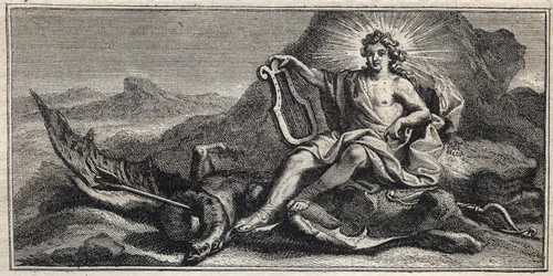 Apollo besiegt die Hydra - Gravur von Gerard Edelinck nach Daniel Halle (1614-1675)