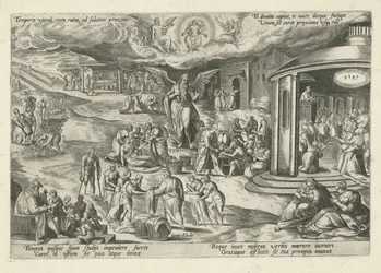 Vater Zeit inmitten von Szenen mit Werken der Barmherzigkeit und christlichen Tugenden (Moralische Allegorien über die Zeit)