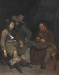 Wachstubeninterieur mit einem rauchenden Soldaten