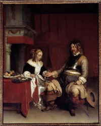 Der Militärgalante oder junge Frau, der ein Mann Geld anbietet