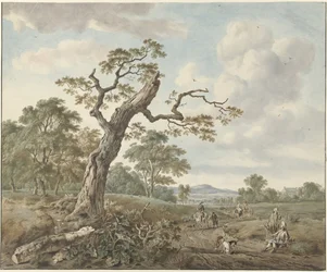 Landschaft mit Jagdgesellschaft auf einem Landweg