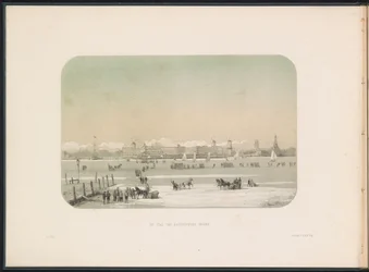 IJsvermaak op de Maas te Rotterdam, gezien vanaf Katendrecht, 1855